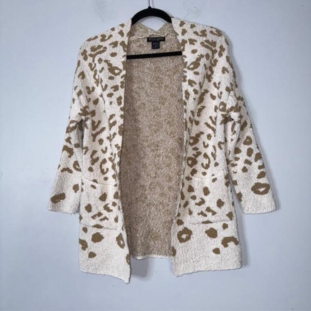 Sabrina Lauren Animal Print Open Cardigan Sweater Tan Cream Medium